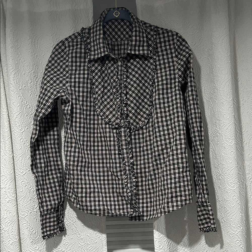 J. Crew Gingham Plaid Ruffle Cottage Poplin Button Down Shirt Black White Red 8